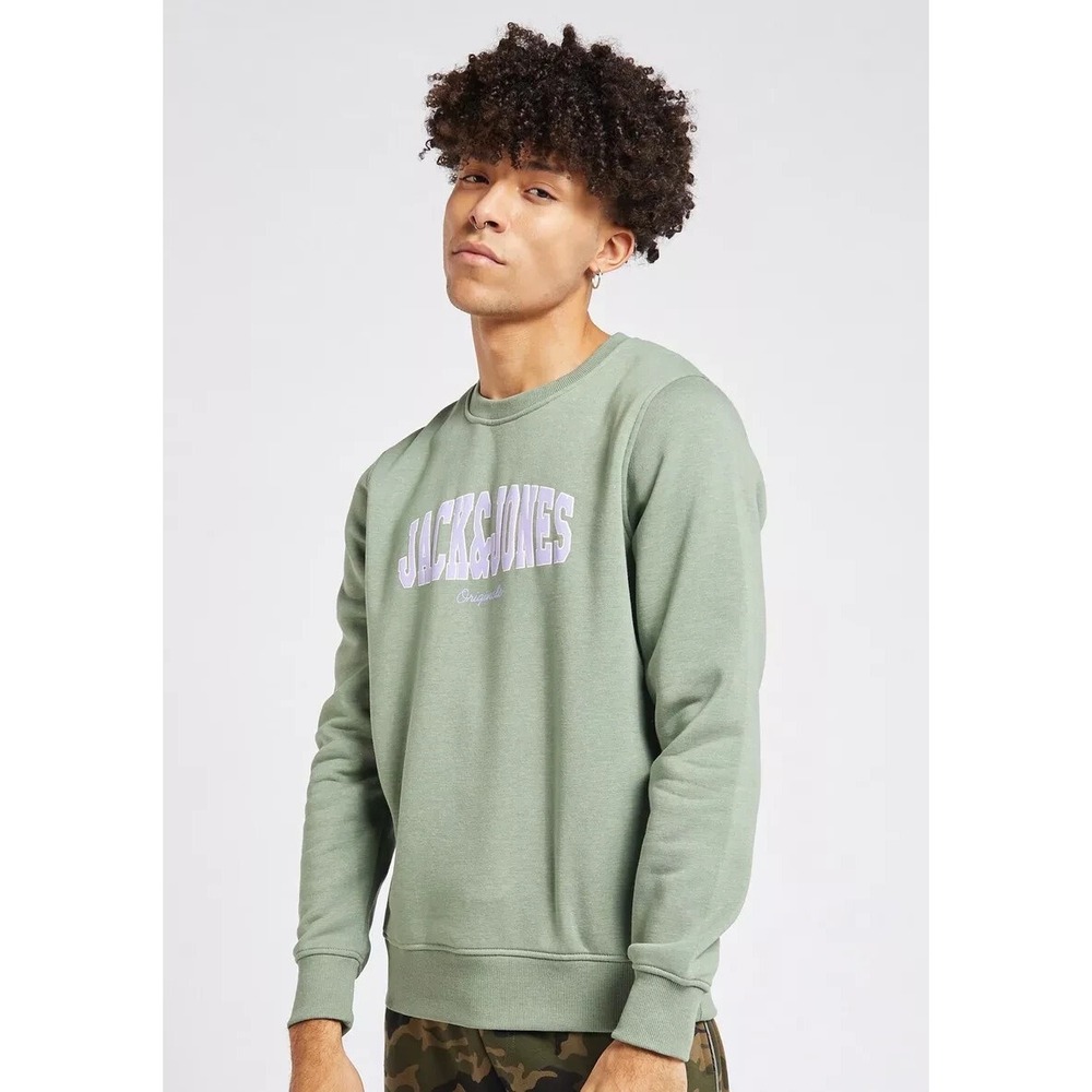 JACK & JONES Men Sherpa Lined L Graphic Sweatshirt Spell Out Casual Streetwear‎